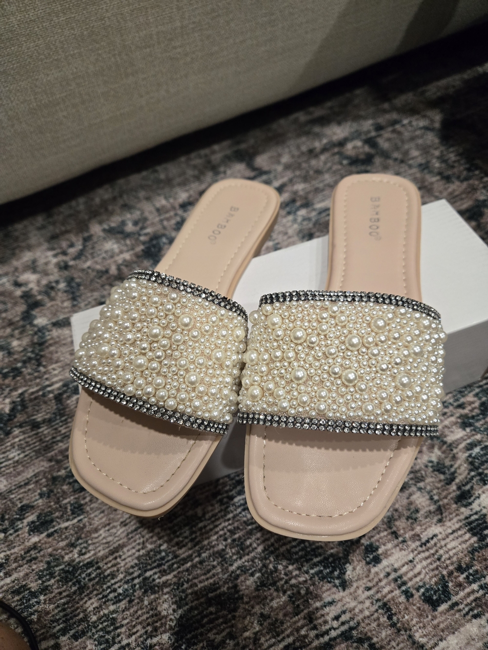BAMBOO Pearl Embellished Nude Slide Sandals